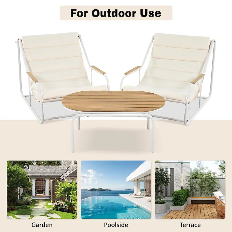 3 Pieces Outdoor Patio Chaise Lounges Chairs Set for Lawn Deck Beach, Conversation Sets Accent Arm Chairs with Acacia Side Table