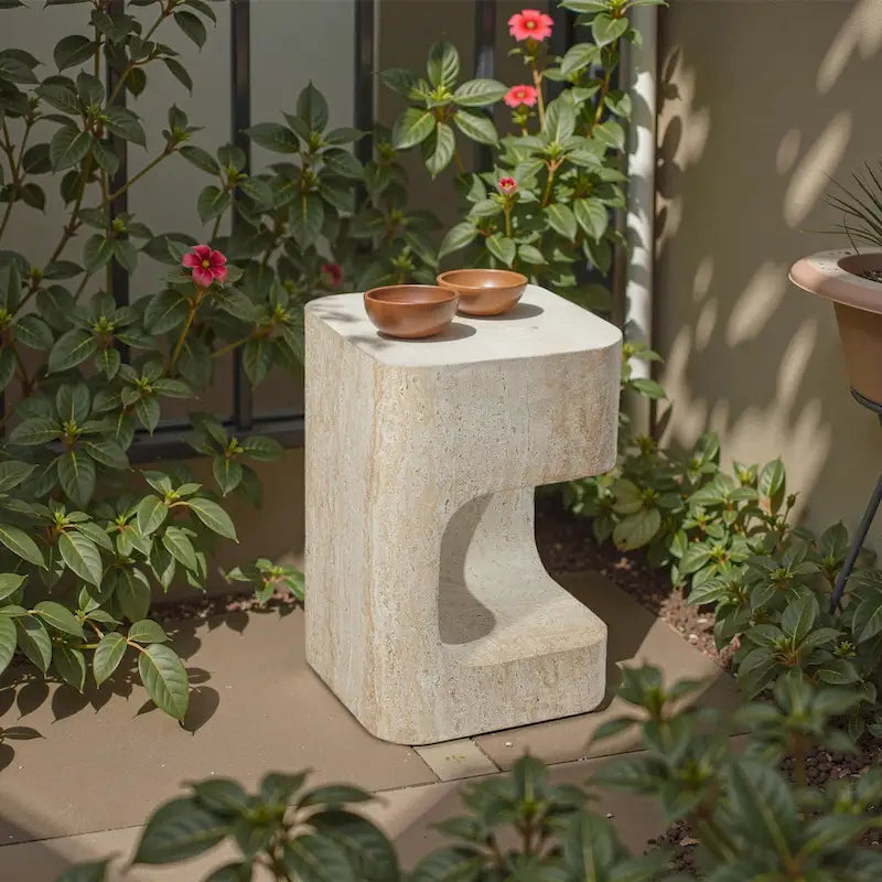 Grover Outdoor Faux Stone Asymmetrical Side Table