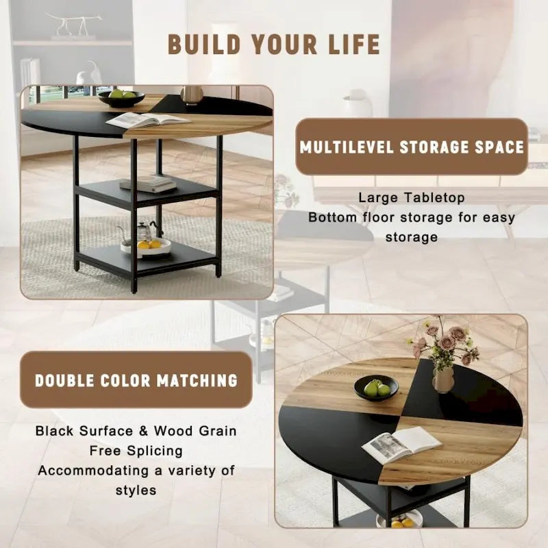 Outdoor 47.3 inch Dining Set with Double-layer Storage and 4 Brown Technology Fabric Dining Chairs