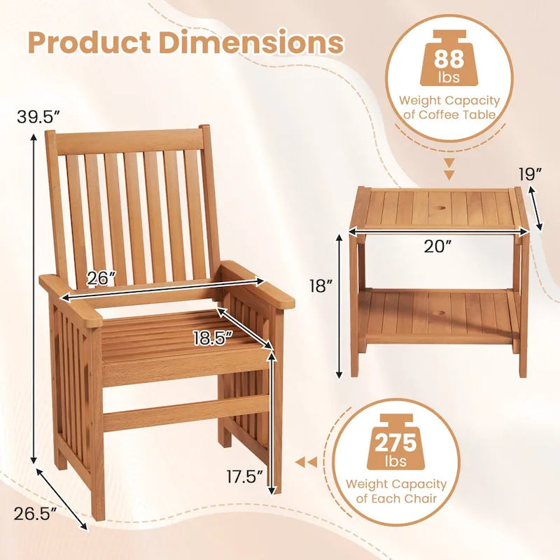 Gymax 3PCS Furniture Set w/ 1.5 Umbrella Hole Hardwood Table &