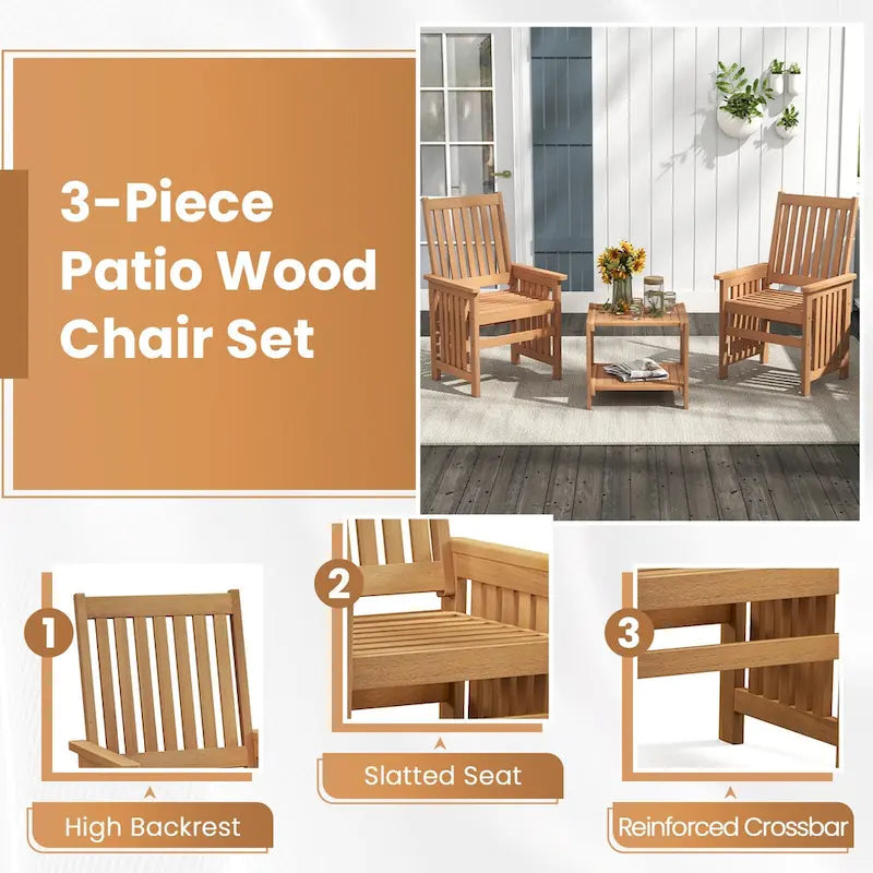 Gymax 3PCS Furniture Set w/ 1.5 Umbrella Hole Hardwood Table &