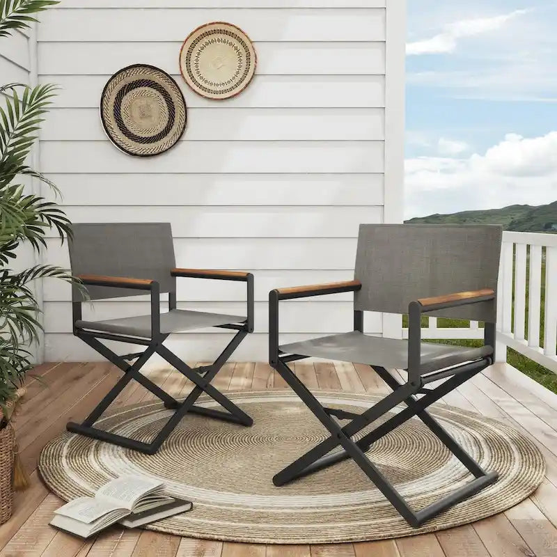 Folding 2-Pack Directors Chairs, Sling and Woodgrain Armrests, Black