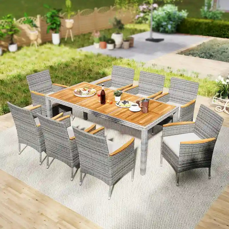 Gymax 9 Pieces Patio PE Wicker Dining Set Outdoor Acacia Wood Table &