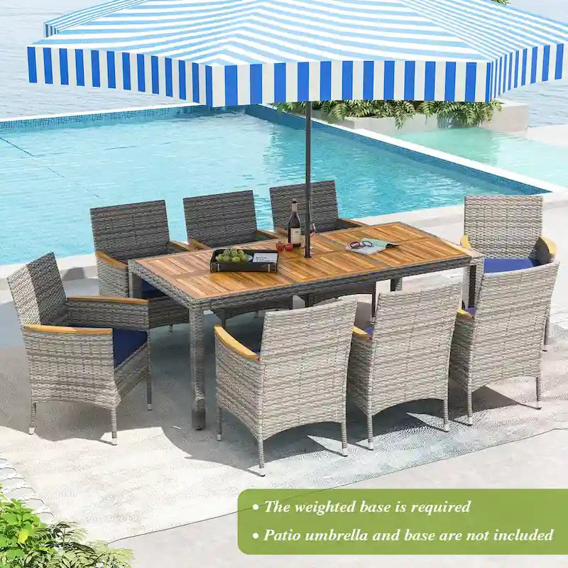 Gymax 9 Pieces Patio PE Wicker Dining Set Outdoor Acacia Wood Table &