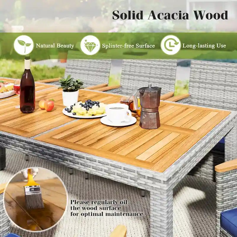 Gymax 9 Pieces Patio PE Wicker Dining Set Outdoor Acacia Wood Table &