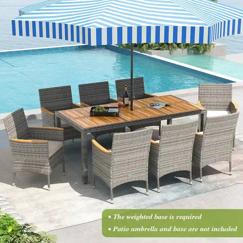Gymax 9 Pieces Patio PE Wicker Dining Set Outdoor Acacia Wood Table &