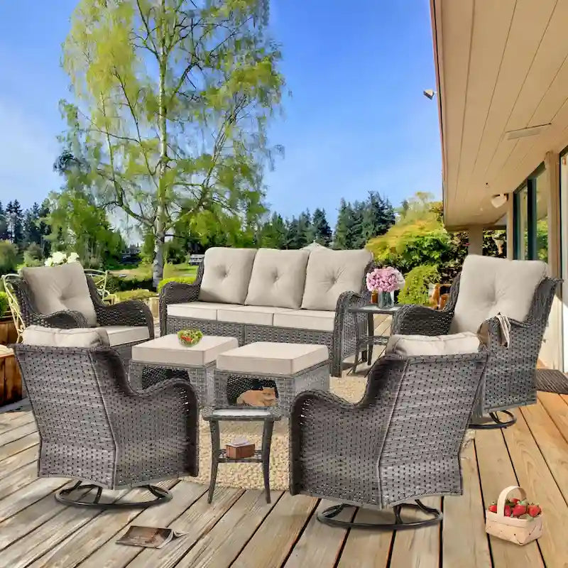 9 Pieces Outdoor Patio Furniture Set Wicker Swivel Chair with Ottoman