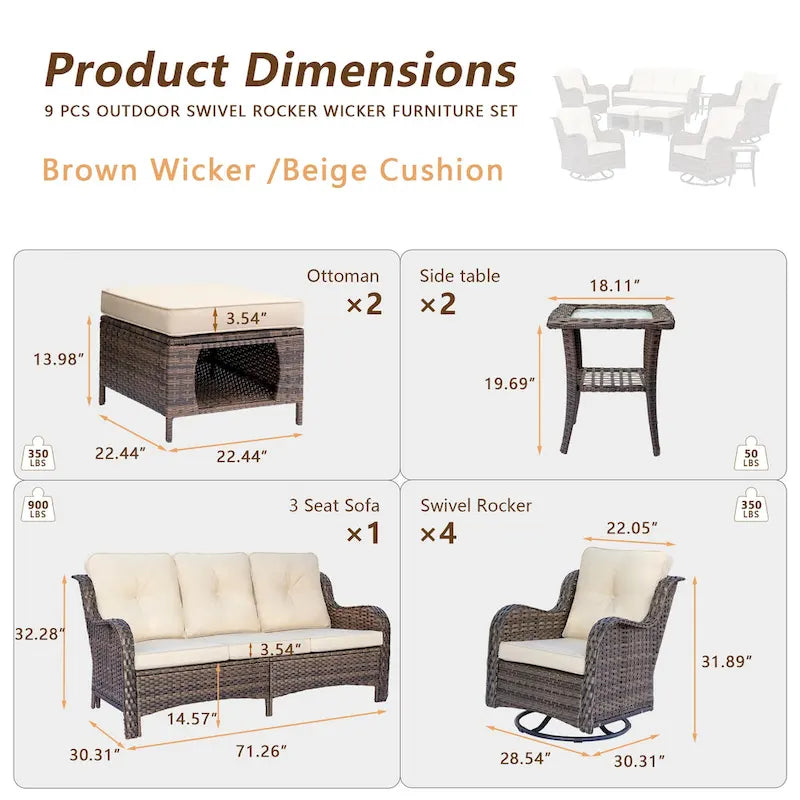 9 Pieces Outdoor Patio Furniture Set Wicker Swivel Chair with Ottoman