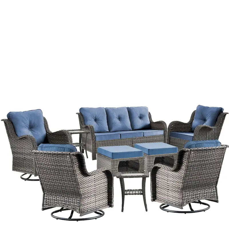 9 Pieces Outdoor Patio Furniture Set Wicker Swivel Chair with Ottoman
