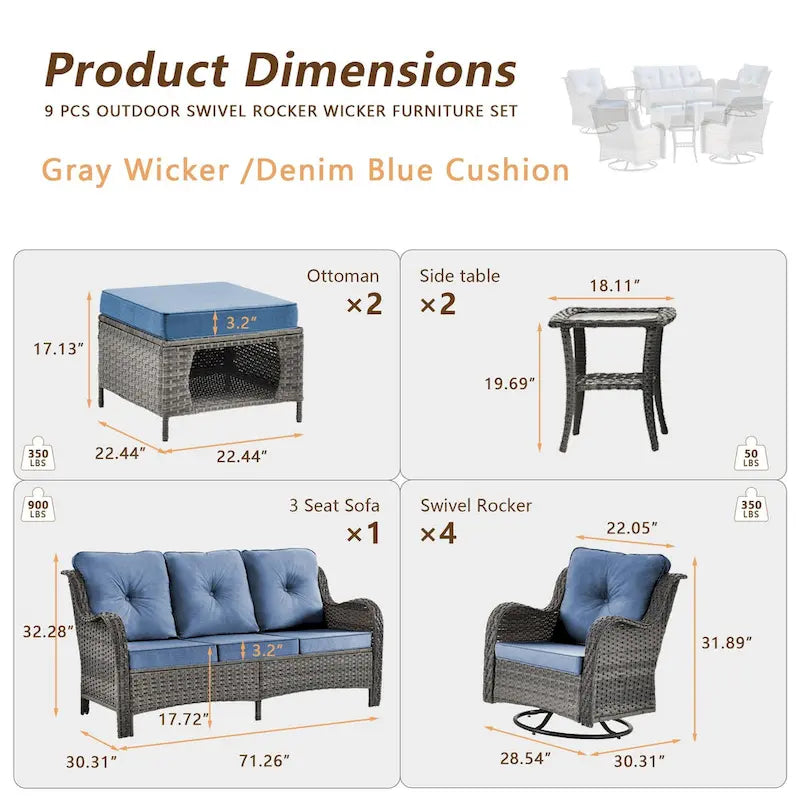 9 Pieces Outdoor Patio Furniture Set Wicker Swivel Chair with Ottoman