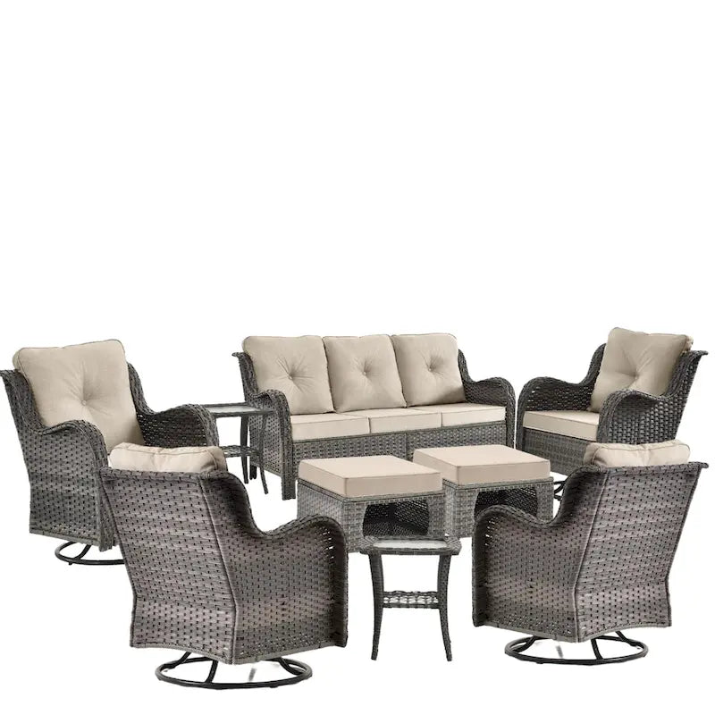 9 Pieces Outdoor Patio Furniture Set Wicker Swivel Chair with Ottoman