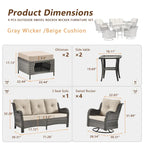 9 Pieces Outdoor Patio Furniture Set Wicker Swivel Chair with Ottoman