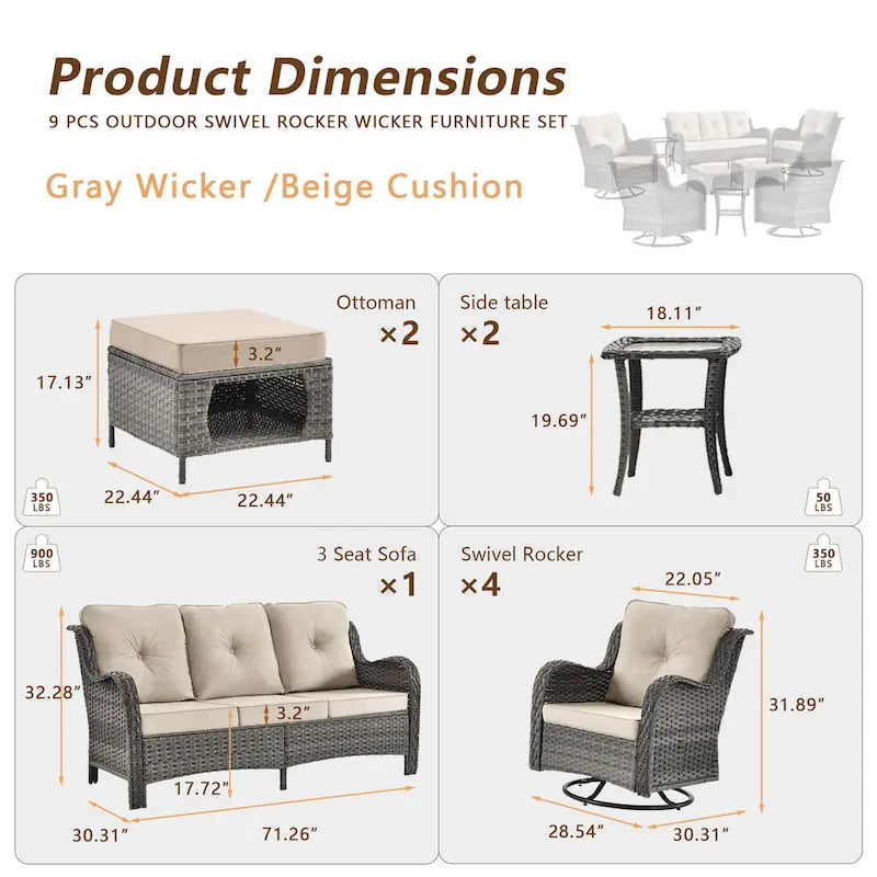 9 Pieces Outdoor Patio Furniture Set Wicker Swivel Chair with Ottoman