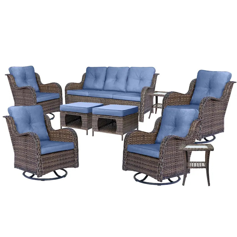 9 Pieces Outdoor Patio Furniture Set Wicker Swivel Chair with Ottoman