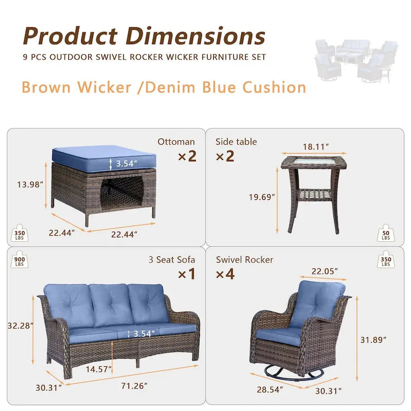 9 Pieces Outdoor Patio Furniture Set Wicker Swivel Chair with Ottoman