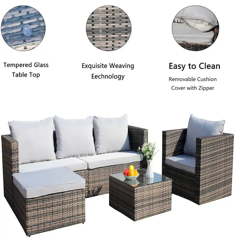 Outdoor 4-Piece PE Rattan Wicker Cushioned Sofa Set and Coffee Table