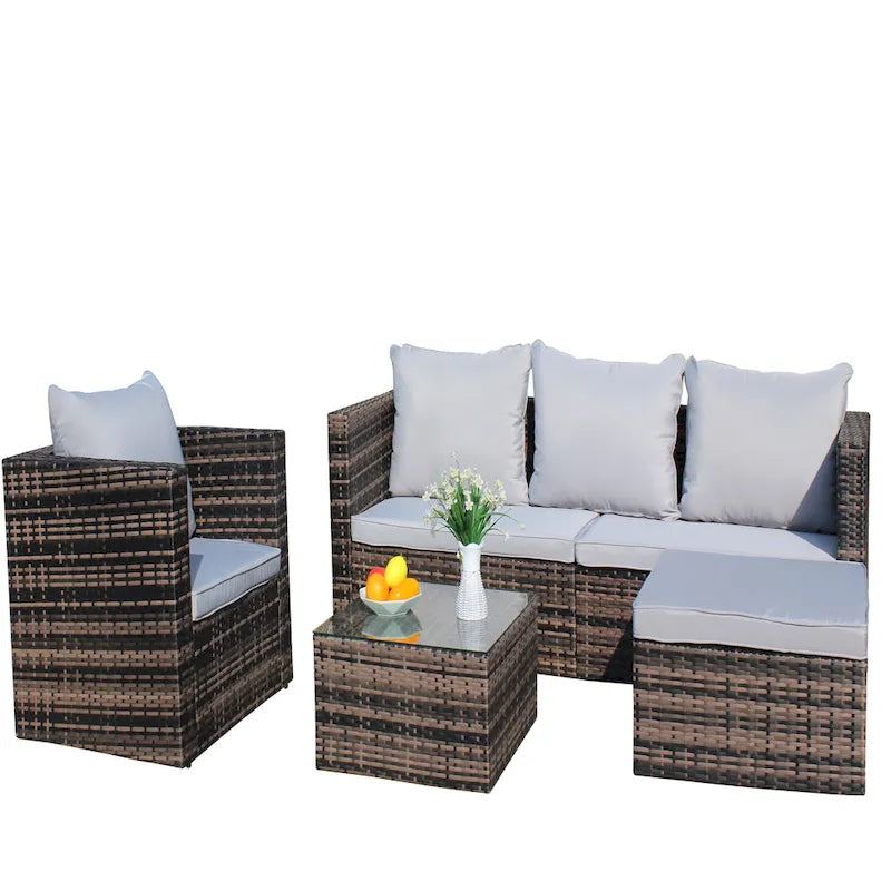 Outdoor 4-Piece PE Rattan Wicker Cushioned Sofa Set and Coffee Table