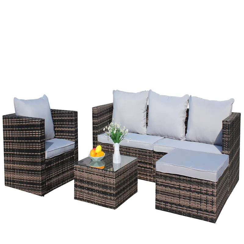 Outdoor 4-Piece PE Rattan Wicker Cushioned Sofa Set and Coffee Table