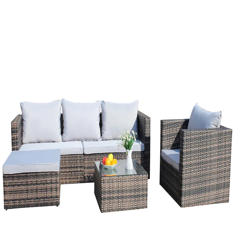 Outdoor 4-Piece PE Rattan Wicker Cushioned Sofa Set and Coffee Table