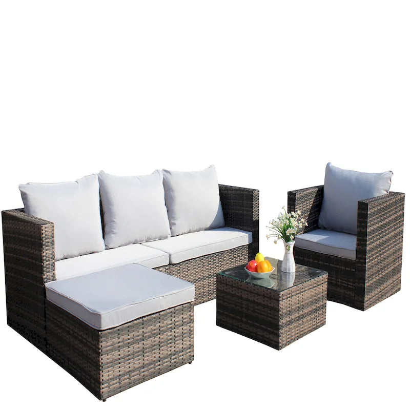Outdoor 4-Piece PE Rattan Wicker Cushioned Sofa Set and Coffee Table