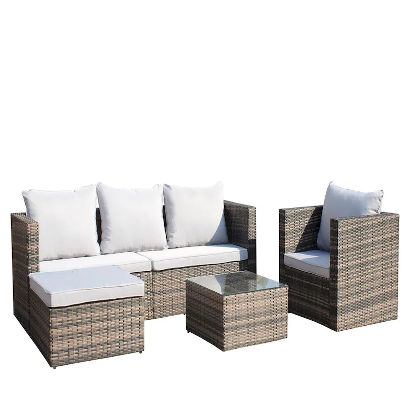 Outdoor 4-Piece PE Rattan Wicker Cushioned Sofa Set and Coffee Table