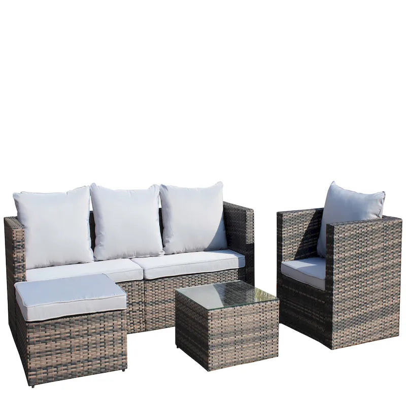 Outdoor 4-Piece PE Rattan Wicker Cushioned Sofa Set and Coffee Table