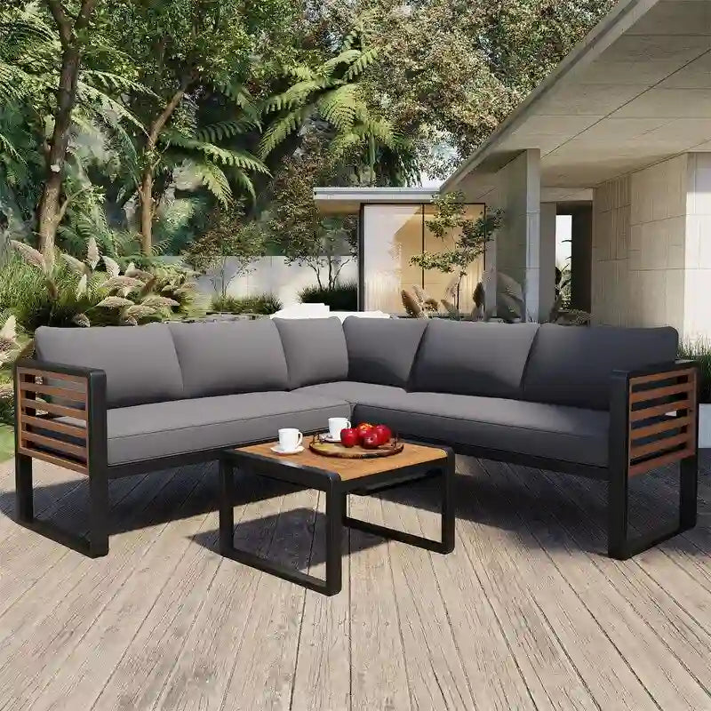 4-Piece Patio Furniture Set with Coffee Table, Outdoor L-shaped Metal and Wood Frame Sectional Sofa Set w/ Cushions for Garden