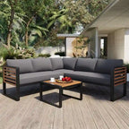 4-Piece Patio Furniture Set with Coffee Table, Outdoor L-shaped Metal and Wood Frame Sectional Sofa Set w/ Cushions for Garden