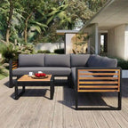 4-Piece Patio Furniture Set with Coffee Table, Outdoor L-shaped Metal and Wood Frame Sectional Sofa Set w/ Cushions for Garden