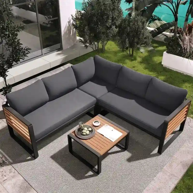 4-Piece Patio Furniture Set with Coffee Table, Outdoor L-shaped Metal and Wood Frame Sectional Sofa Set w/ Cushions for Garden