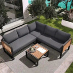 4-Piece Patio Furniture Set with Coffee Table, Outdoor L-shaped Metal and Wood Frame Sectional Sofa Set w/ Cushions for Garden
