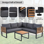 4-Piece Patio Furniture Set with Coffee Table, Outdoor L-shaped Metal and Wood Frame Sectional Sofa Set w/ Cushions for Garden