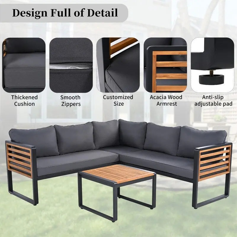 4-Piece Patio Furniture Set with Coffee Table, Outdoor L-shaped Metal and Wood Frame Sectional Sofa Set w/ Cushions for Garden