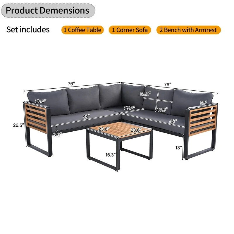 4-Piece Patio Furniture Set with Coffee Table, Outdoor L-shaped Metal and Wood Frame Sectional Sofa Set w/ Cushions for Garden