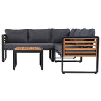 4-Piece Patio Furniture Set with Coffee Table, Outdoor L-shaped Metal and Wood Frame Sectional Sofa Set w/ Cushions for Garden