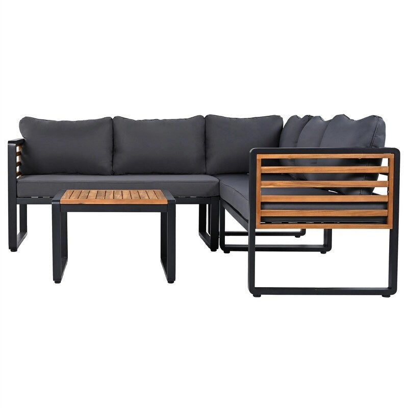 4-Piece Patio Furniture Set with Coffee Table, Outdoor L-shaped Metal and Wood Frame Sectional Sofa Set w/ Cushions for Garden