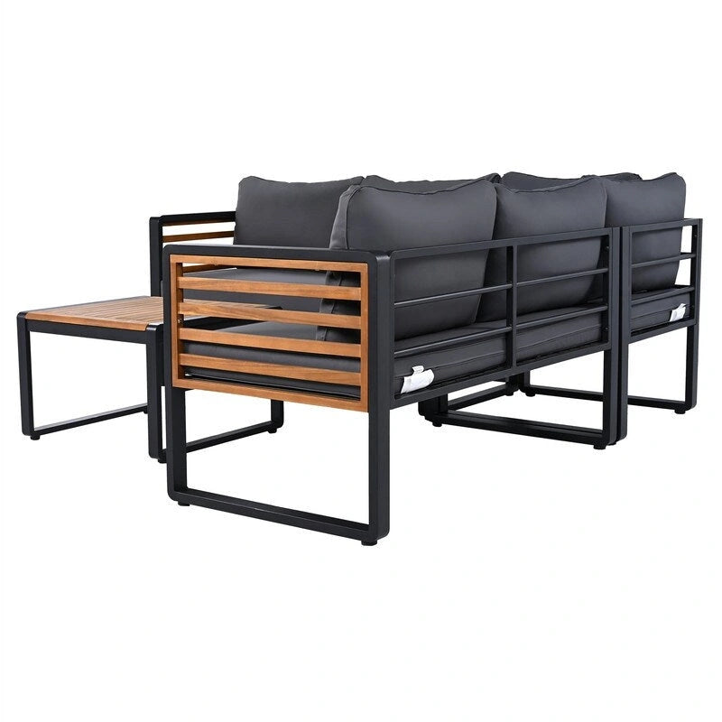 4-Piece Patio Furniture Set with Coffee Table, Outdoor L-shaped Metal and Wood Frame Sectional Sofa Set w/ Cushions for Garden