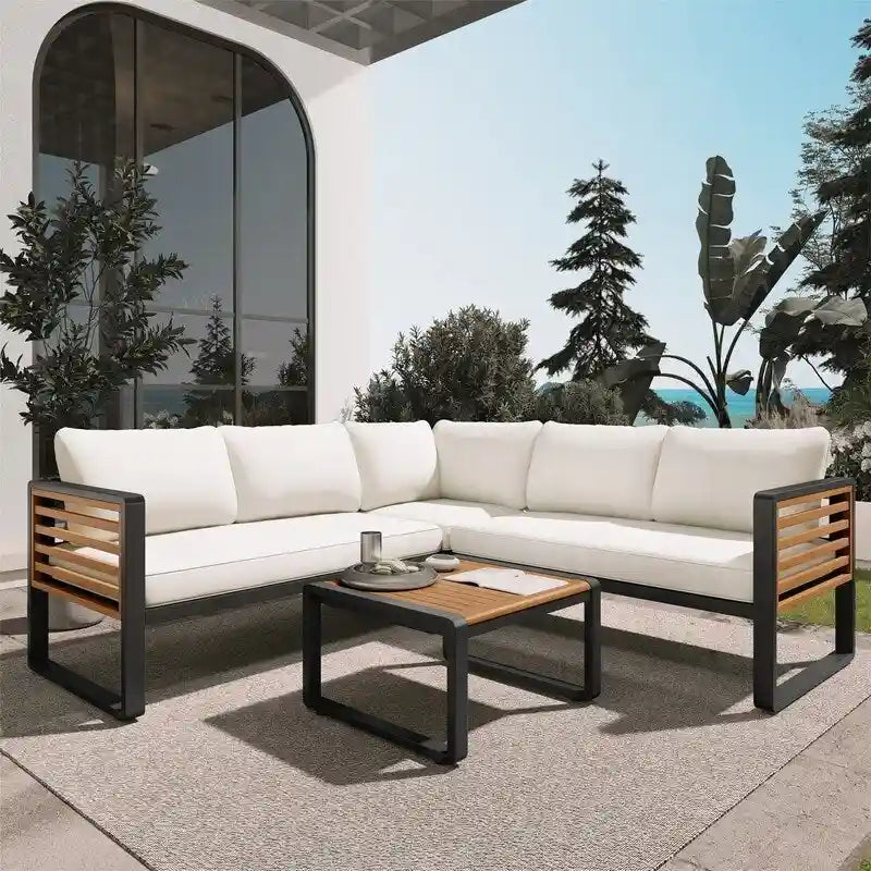 4-Piece Patio Furniture Set with Coffee Table, Outdoor L-shaped Metal and Wood Frame Sectional Sofa Set w/ Cushions for Garden
