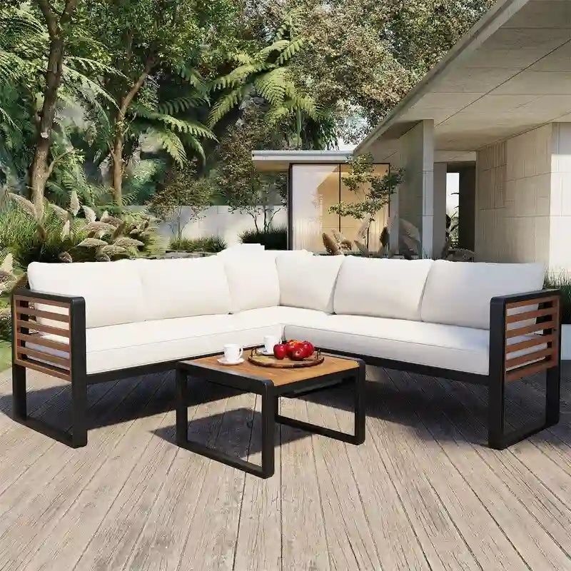 4-Piece Patio Furniture Set with Coffee Table, Outdoor L-shaped Metal and Wood Frame Sectional Sofa Set w/ Cushions for Garden