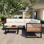 4-Piece Patio Furniture Set with Coffee Table, Outdoor L-shaped Metal and Wood Frame Sectional Sofa Set w/ Cushions for Garden