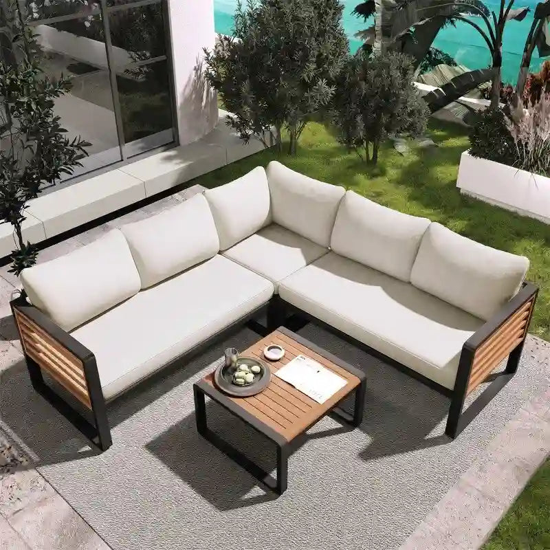 4-Piece Patio Furniture Set with Coffee Table, Outdoor L-shaped Metal and Wood Frame Sectional Sofa Set w/ Cushions for Garden