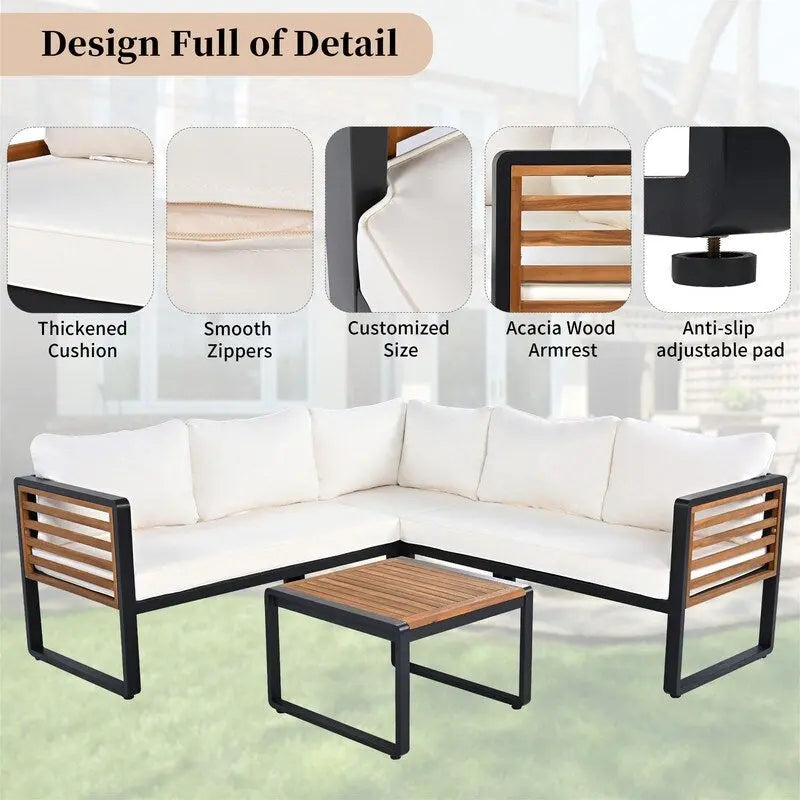 4-Piece Patio Furniture Set with Coffee Table, Outdoor L-shaped Metal and Wood Frame Sectional Sofa Set w/ Cushions for Garden