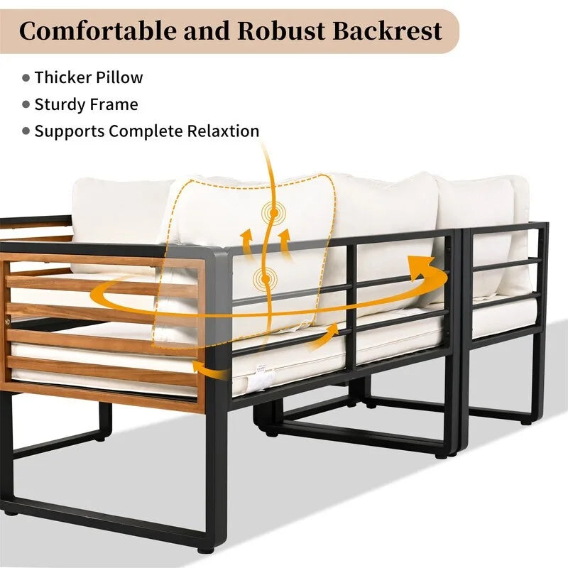 4-Piece Patio Furniture Set with Coffee Table, Outdoor L-shaped Metal and Wood Frame Sectional Sofa Set w/ Cushions for Garden