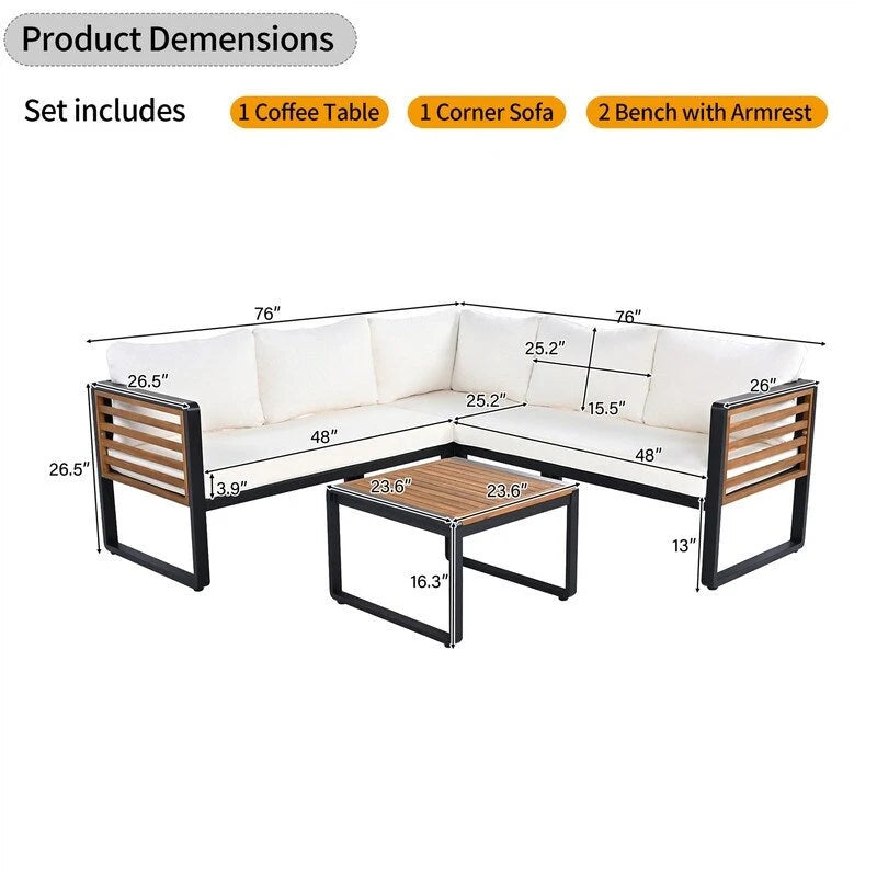 4-Piece Patio Furniture Set with Coffee Table, Outdoor L-shaped Metal and Wood Frame Sectional Sofa Set w/ Cushions for Garden