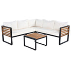 4-Piece Patio Furniture Set with Coffee Table, Outdoor L-shaped Metal and Wood Frame Sectional Sofa Set w/ Cushions for Garden