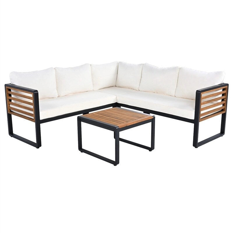 4-Piece Patio Furniture Set with Coffee Table, Outdoor L-shaped Metal and Wood Frame Sectional Sofa Set w/ Cushions for Garden