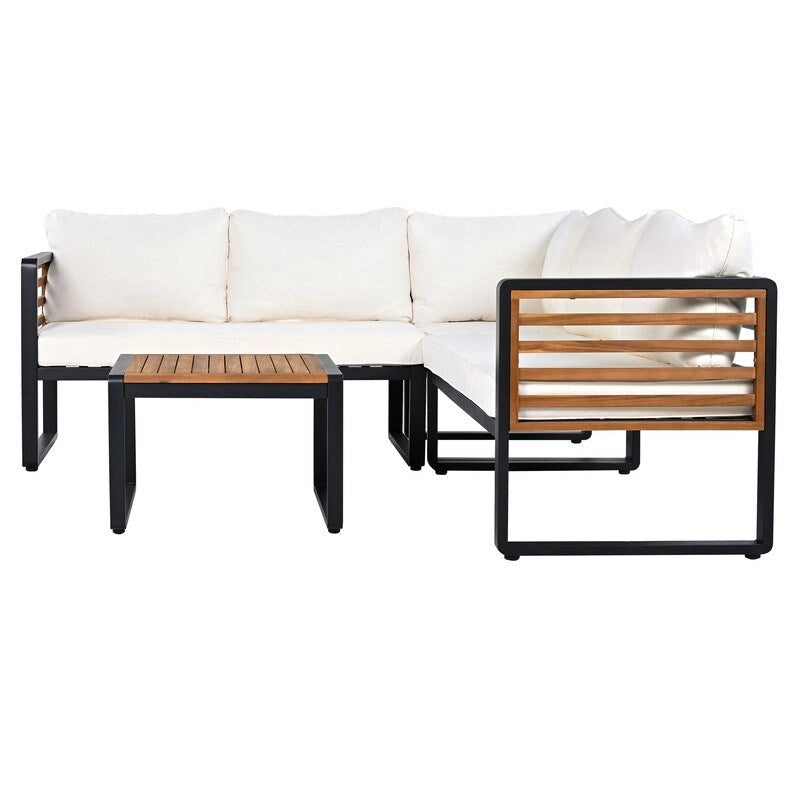 4-Piece Patio Furniture Set with Coffee Table, Outdoor L-shaped Metal and Wood Frame Sectional Sofa Set w/ Cushions for Garden
