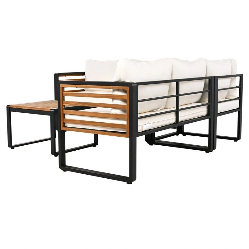 4-Piece Patio Furniture Set with Coffee Table, Outdoor L-shaped Metal and Wood Frame Sectional Sofa Set w/ Cushions for Garden