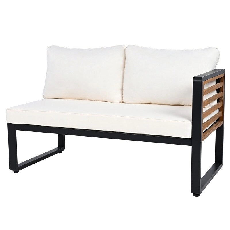4-Piece Patio Furniture Set with Coffee Table, Outdoor L-shaped Metal and Wood Frame Sectional Sofa Set w/ Cushions for Garden