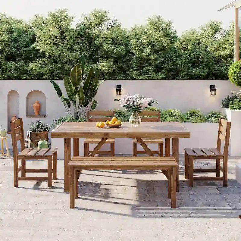 Acacia Wood Outdoor Table and Chair Set with 4 Chairs and Bench, 6 Piece Patio Furniture Suitable for Patio 7 Pieces